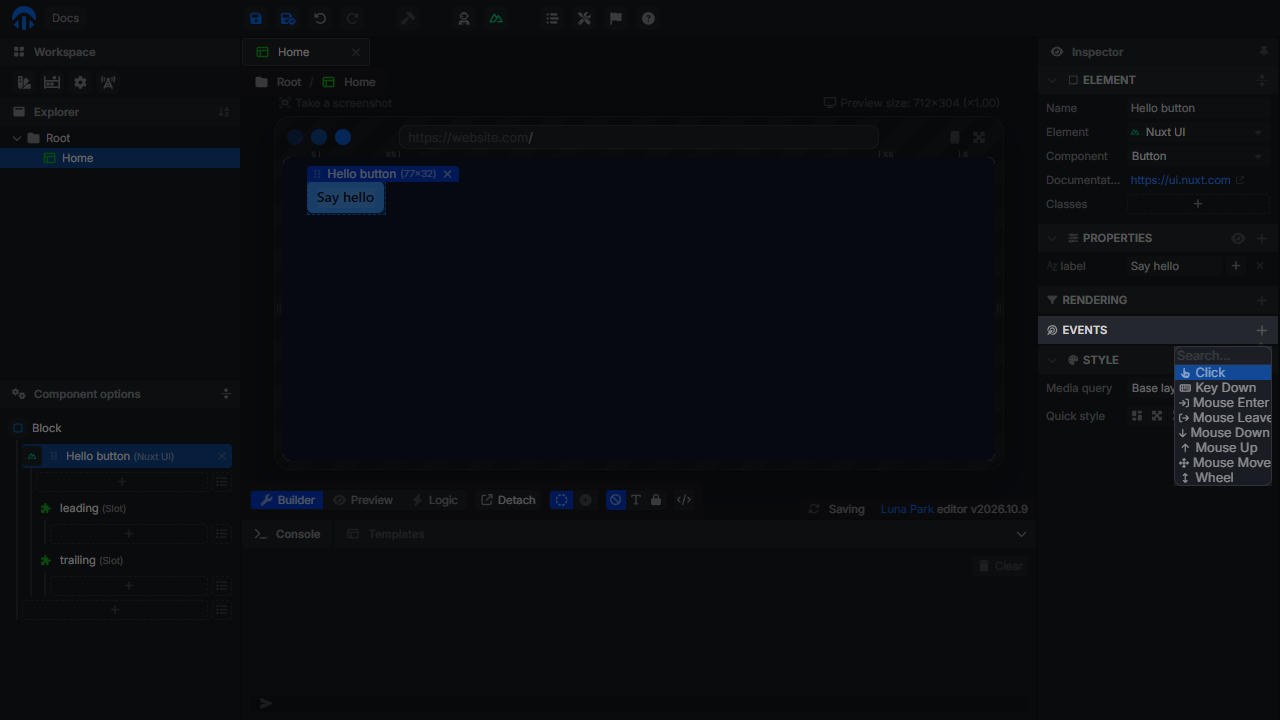 Events panel of a button with the list of available events: Click, Key Down, Mouse Enter, Mouse Leave, Mouse Down, Mouse Up, Mouse Move, Wheel
