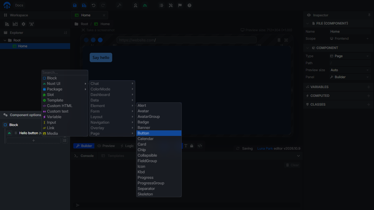 Element list of the layout tree open on Nuxt UI, Element, Button