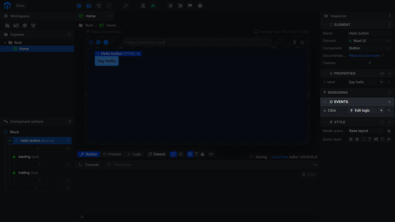 Click event added in the Events panel, with the Edit logic button