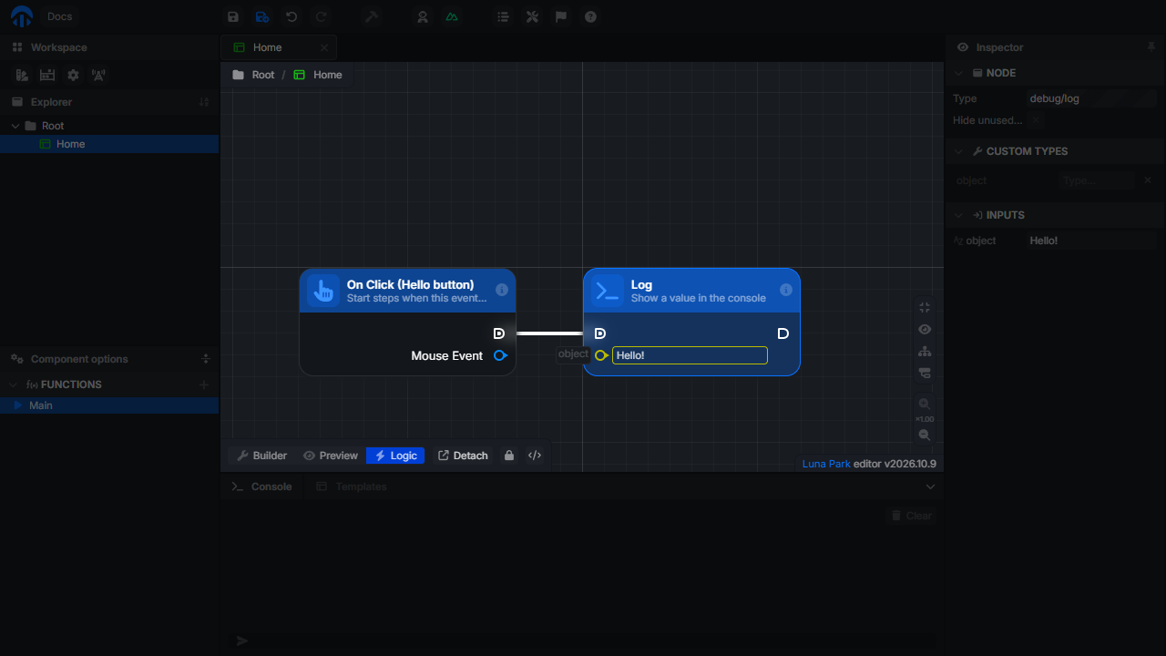 On Click (Hello button) connected to a Log node with the value Hello!