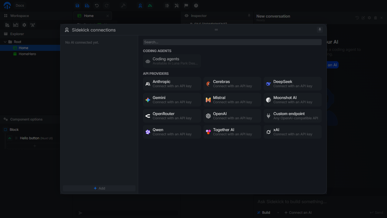 Sidekick connections window with the gallery of coding agents and API providers