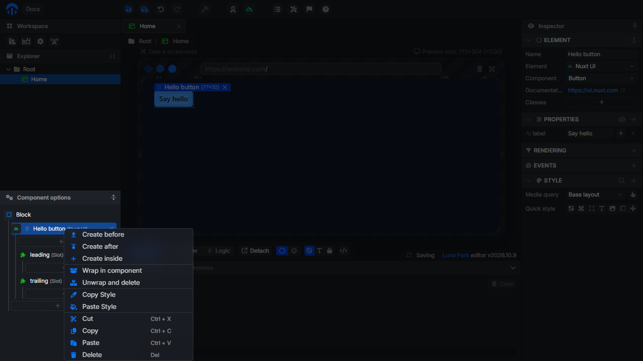 Context menu of a layout element with Create before, Create after, Create inside, Wrap in component, and Copy Style