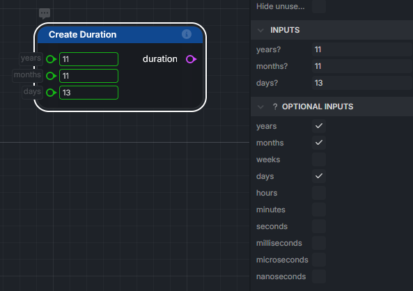 Node Create Duration avec quelques unités cochées et leurs entrées