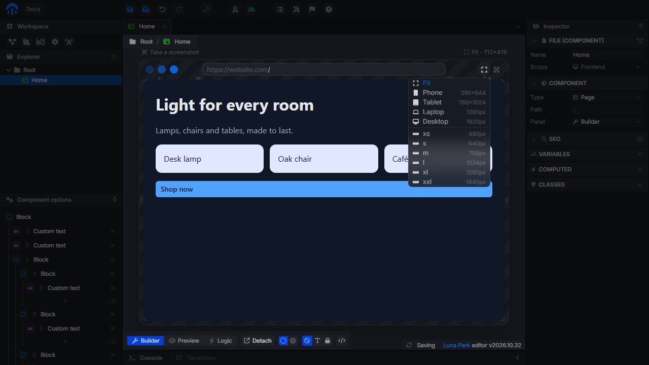 Preview device menu with Fit, Phone, Tablet, Laptop, Desktop, and the xs to xxl breakpoints