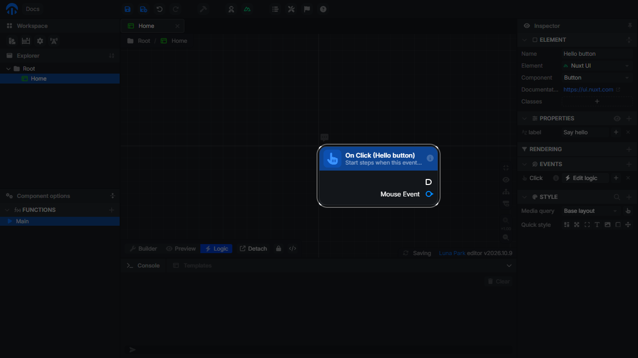 On Click (Hello button) event node with an execution output and a Mouse Event output