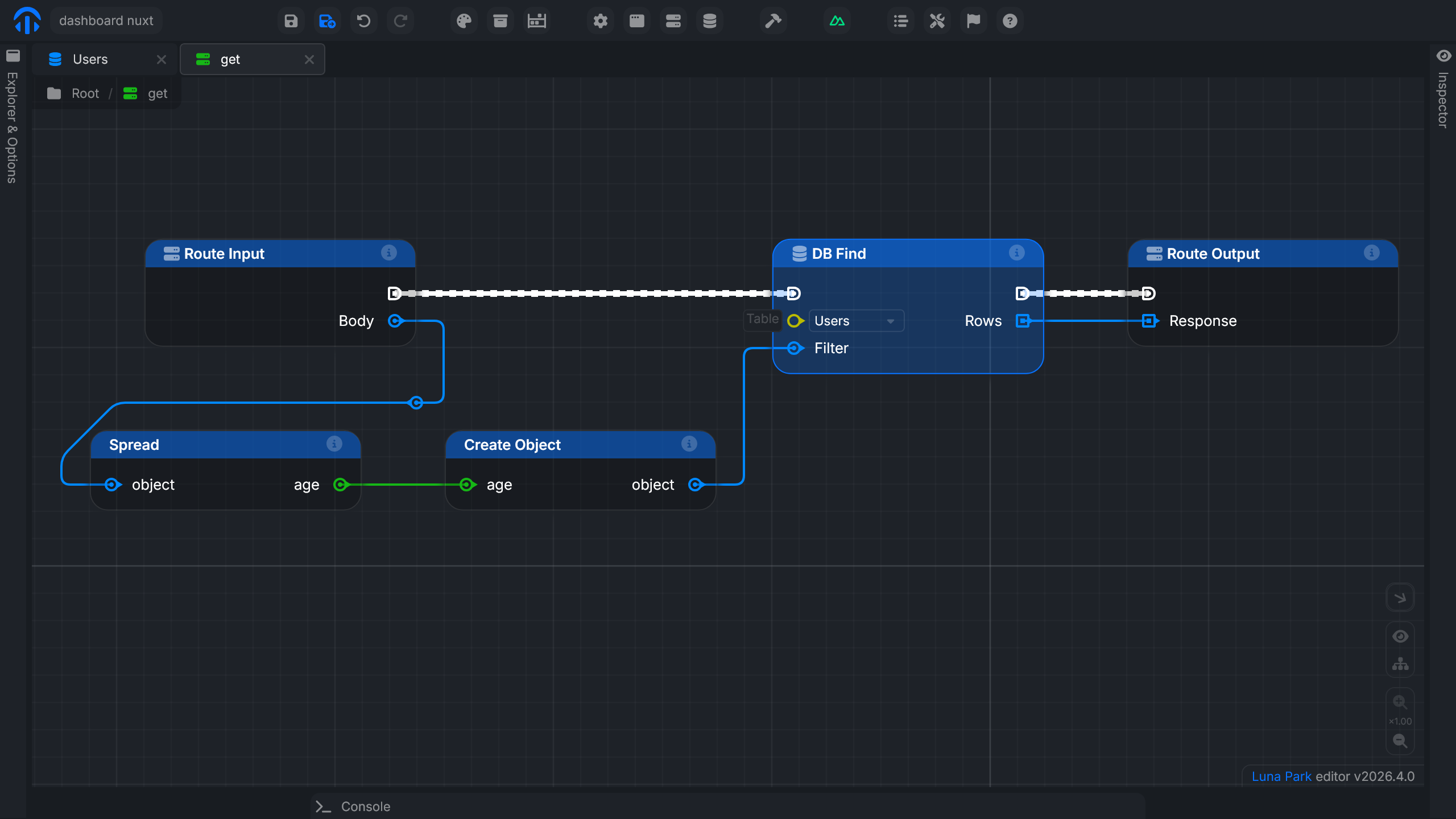 Node DB Find configuré sur une table, avec ses paramètres et son ancrage de sortie