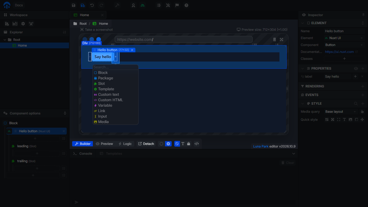 Insert mode: blue insertion points on the canvas and the element list opened after a button