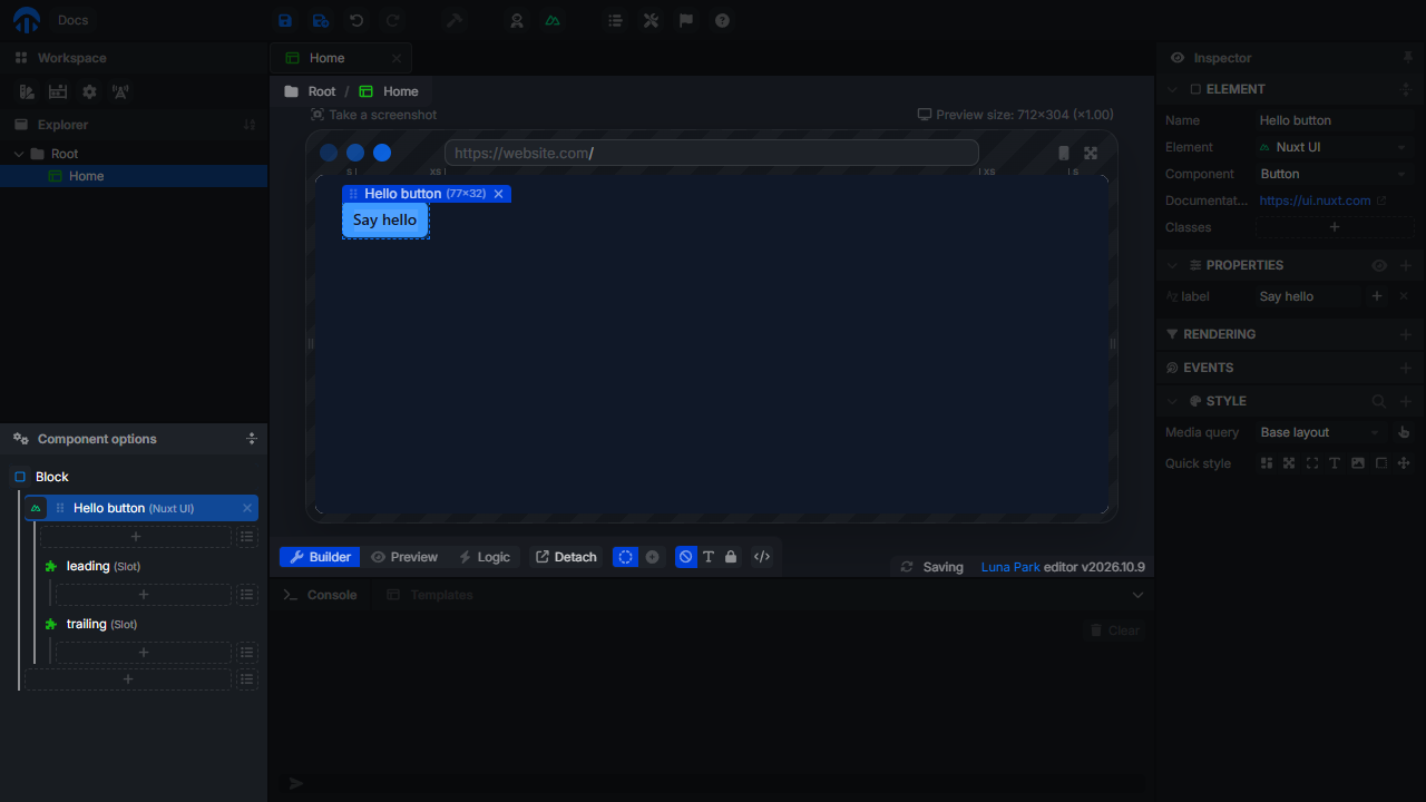 Builder mode: the layout tree on the left, the canvas in the middle, and the inspector of the selected element on the right