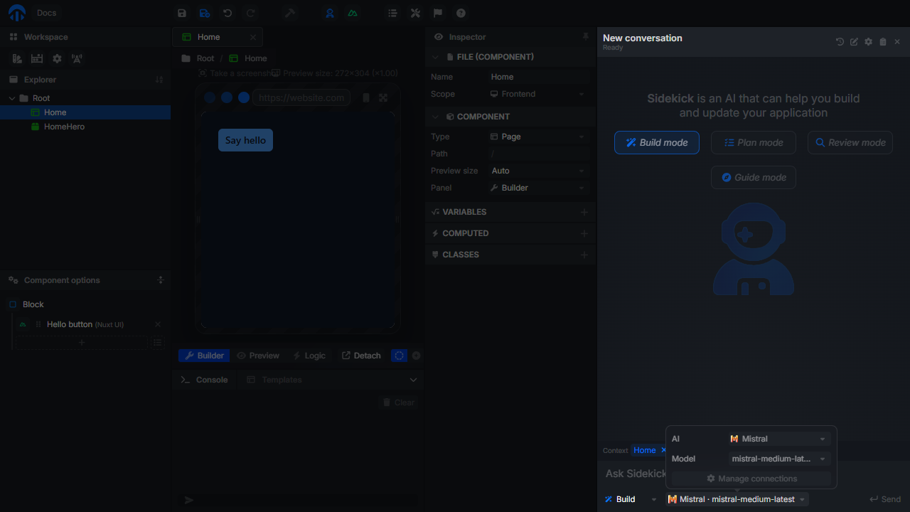 Model selector open under the Sidekick prompt, with the AI and Model dropdowns