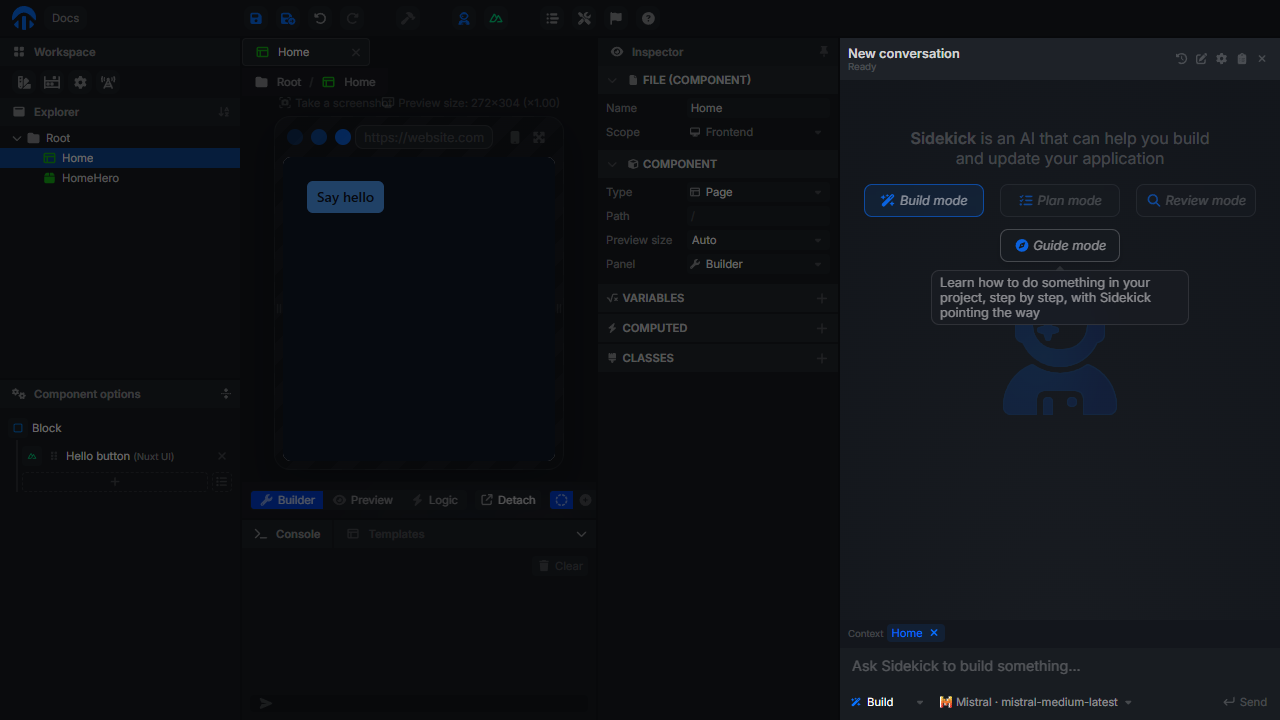 Sidekick introduction with the Build, Plan, Review, and Guide mode cards