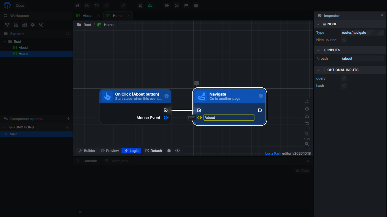 Graph with an On Click (About button) event connected to a Navigate node whose path is /about, and the inspector listing its optional query and hash inputs