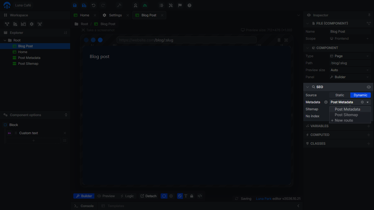 Metadata dropdown open with the routes of the project and New route at the end
