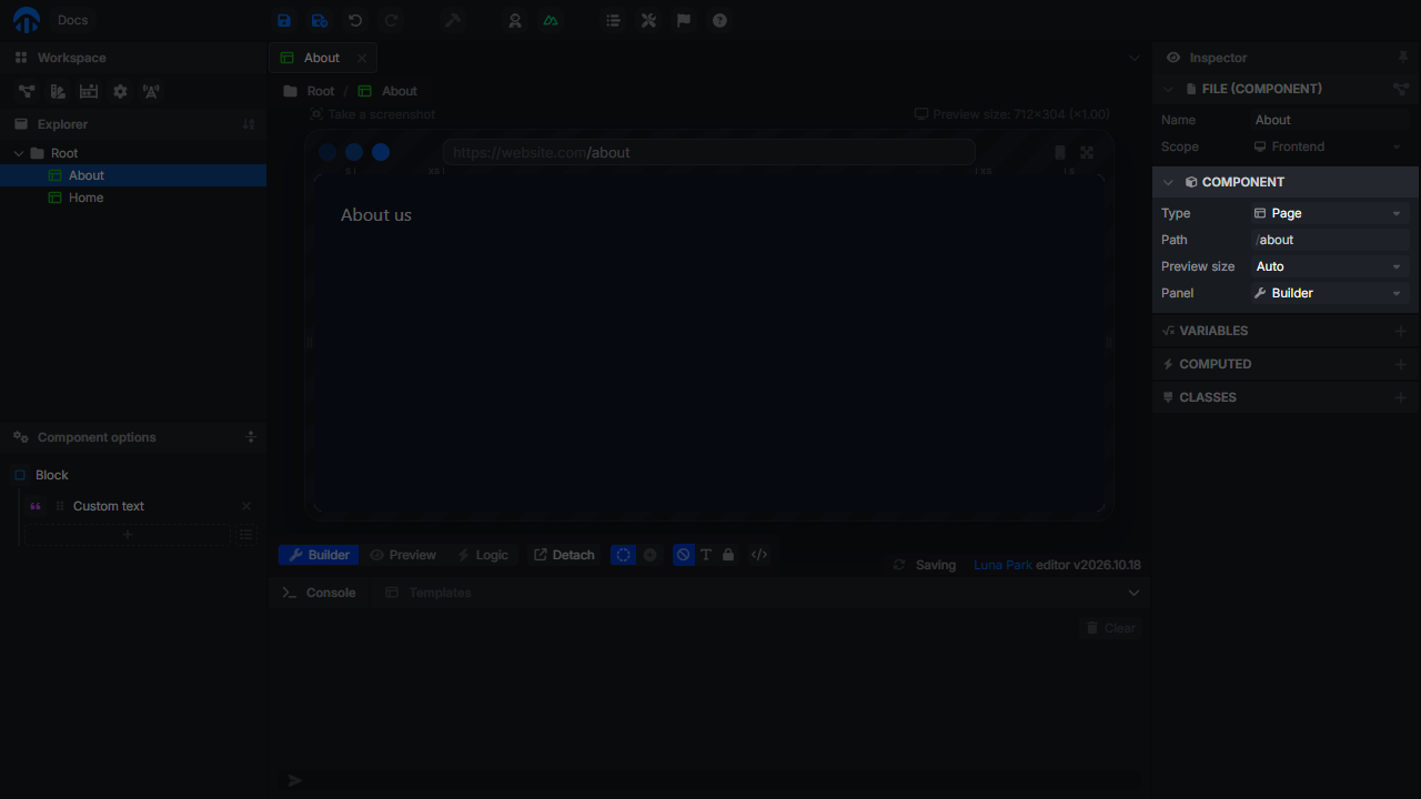 Component panel of a page with its Path field set to about