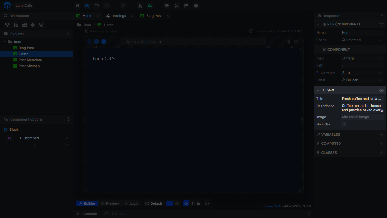 SEO panel of the Home page with its title and description