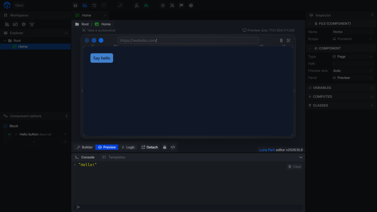 Preview mode: the Console shows Hello! after clicking the button