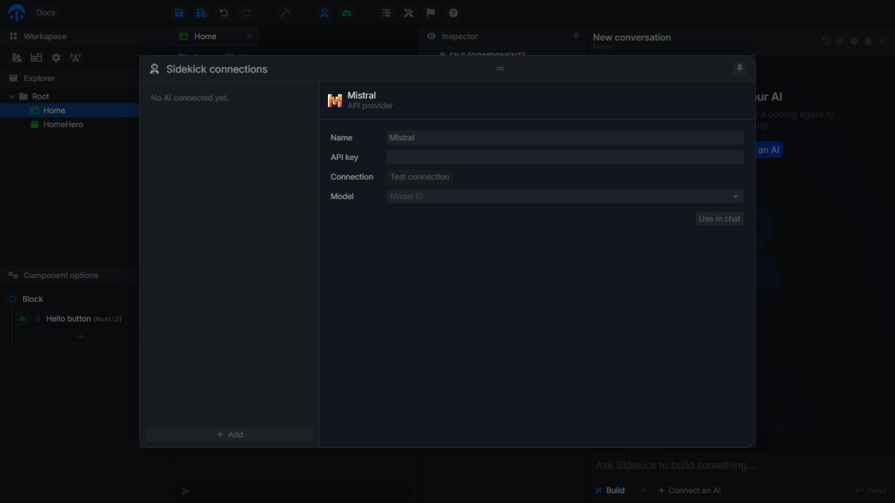 Mistral connection form with Name, API key, Connection test, and Model fields