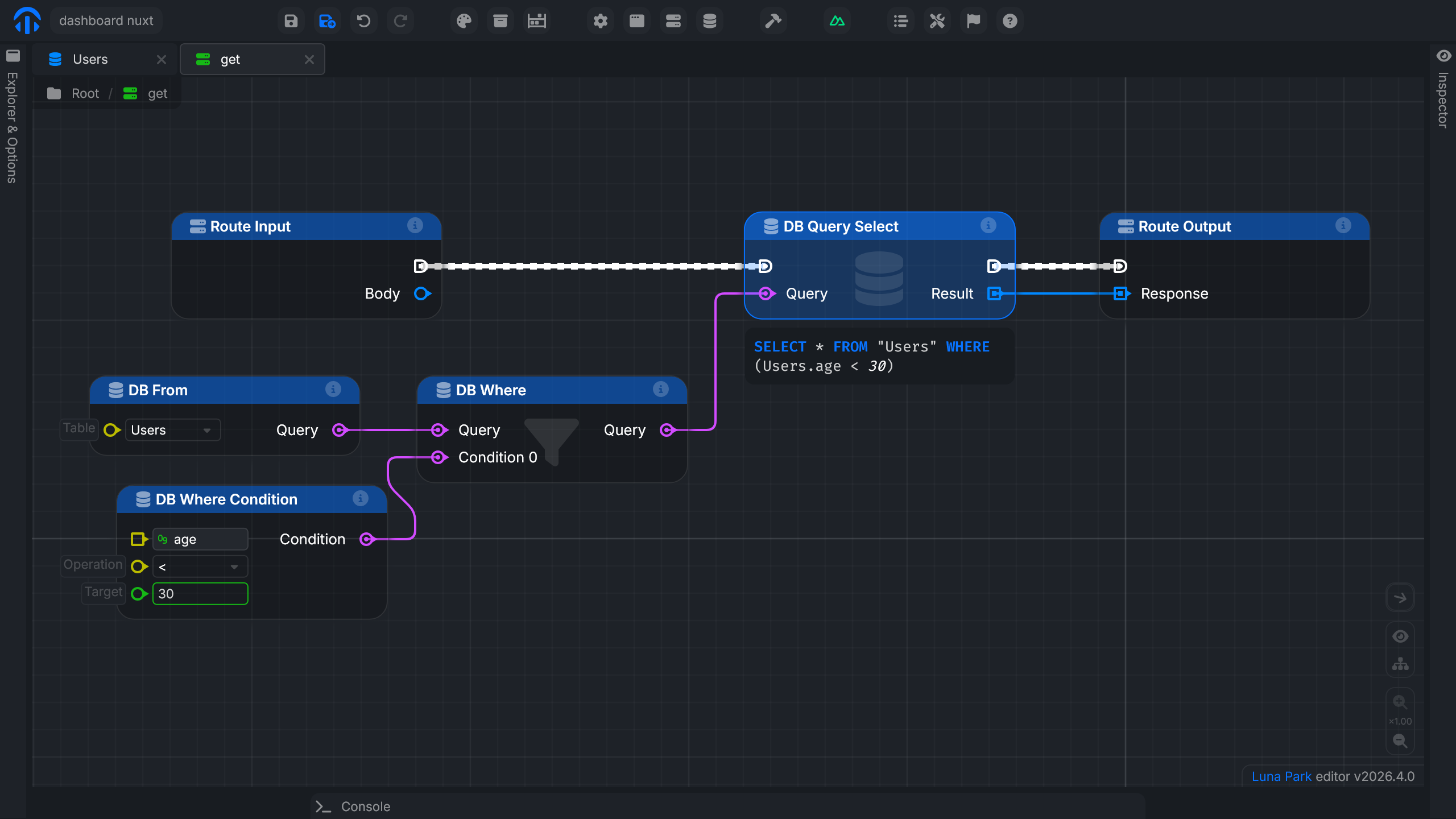Graphe avec DB From, DB Where Condition, DB Where et DB Query Select chainés