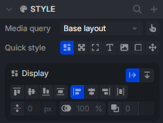 Quick style panels affichés à côté d'un élément sélectionné dans le layout builder