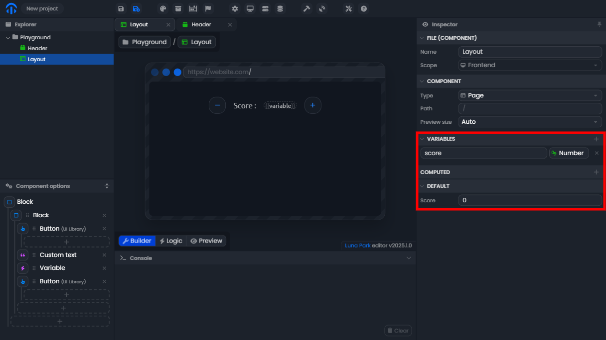 Inspector with a score variable of type Number and a default value of 0