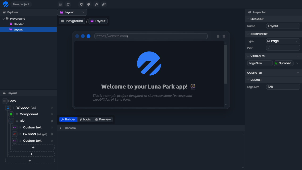 Editor with the Layout component open: explorer, element tree, preview and inspector