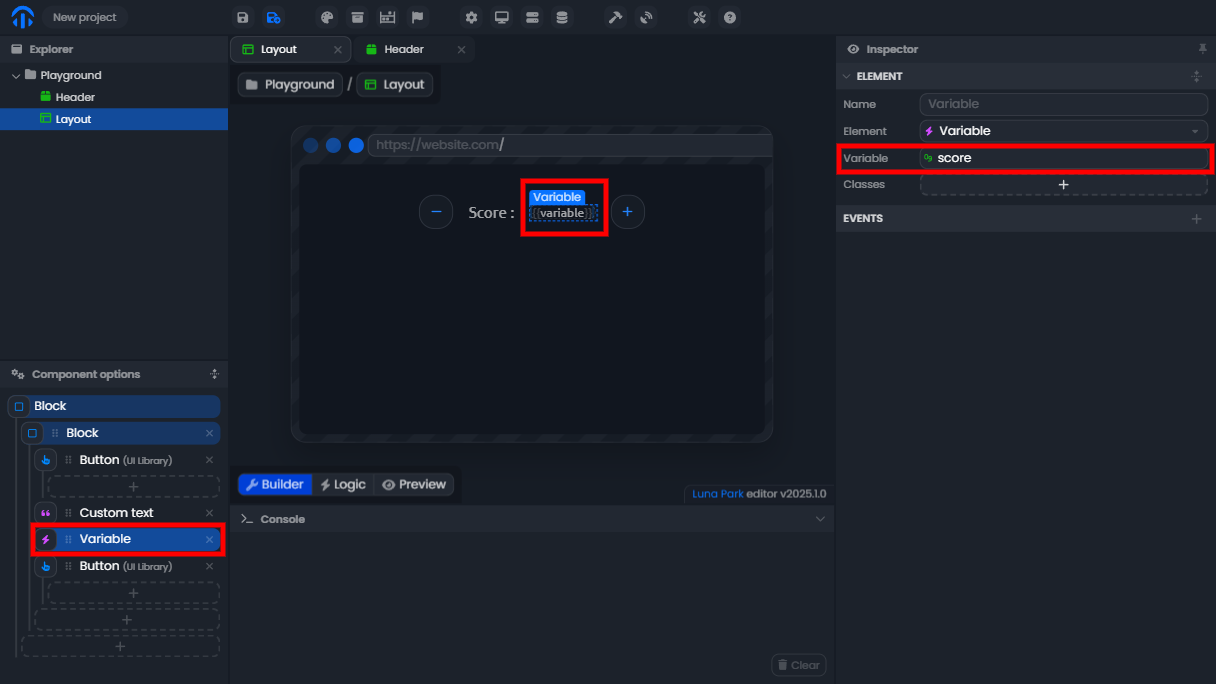 Variable element bound to the score variable in the inspector