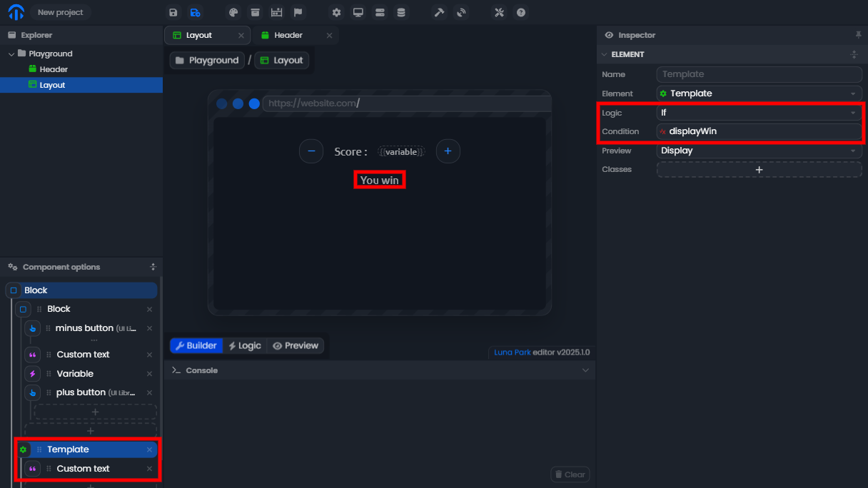 Élément Template avec une logique If liée à displayWin, contenant le texte You win