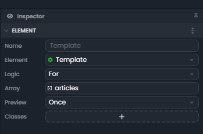 Inspecteur d'un élément Template avec une logique For itérant sur articles