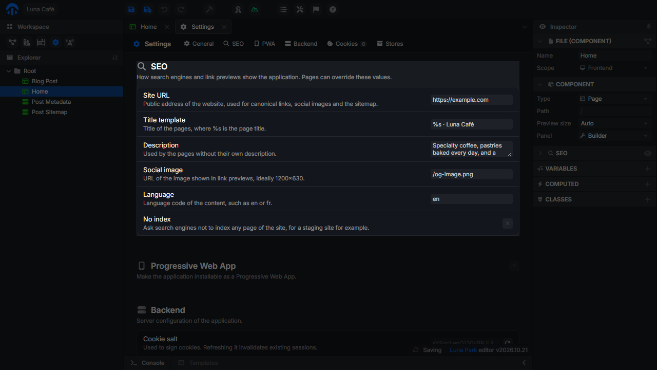 SEO section of the Settings workspace with the site URL, title template, description, social image, language and No index fields