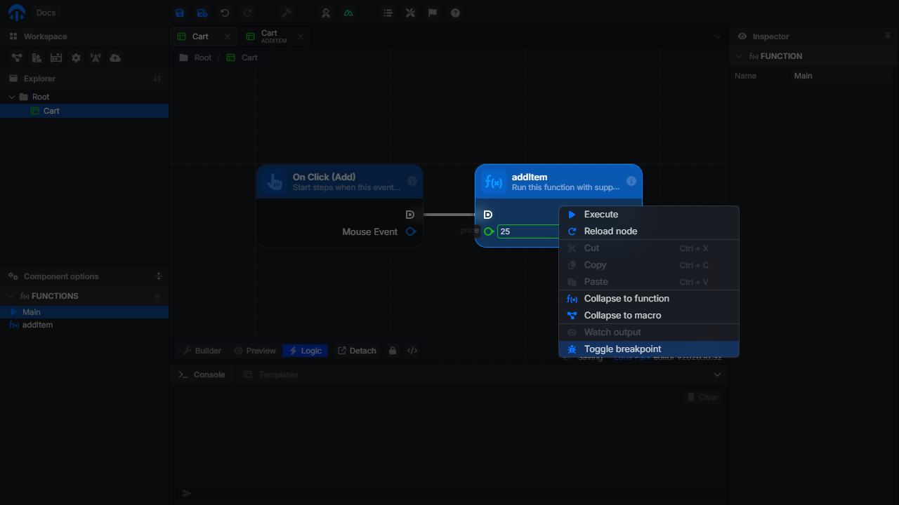 Menu contextuel d'un nœud avec l'option Toggle breakpoint