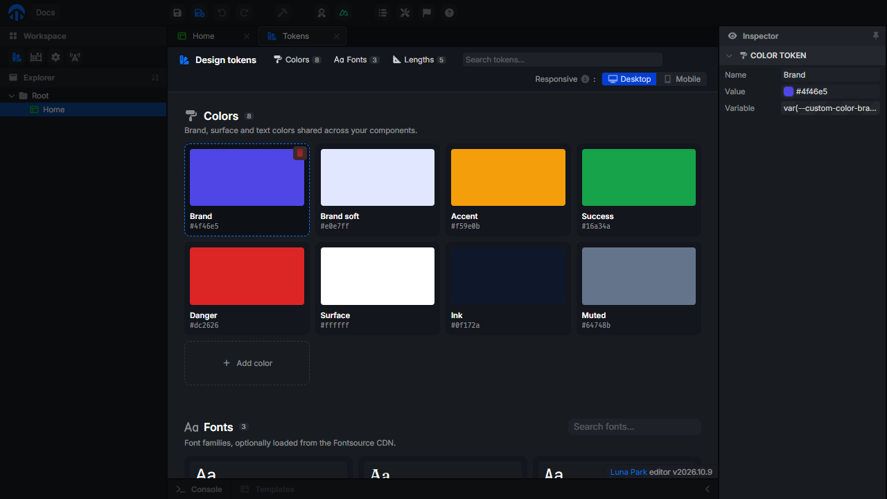 Workspace Tokens avec les tokens de couleur, et le token sélectionné dans l'inspecteur
