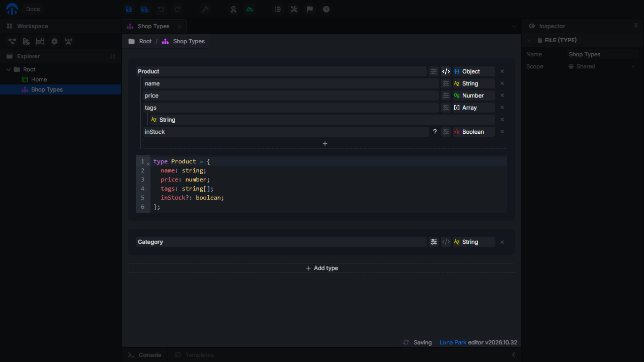 Fichier de types avec un type objet Product et l'aperçu de son code TypeScript