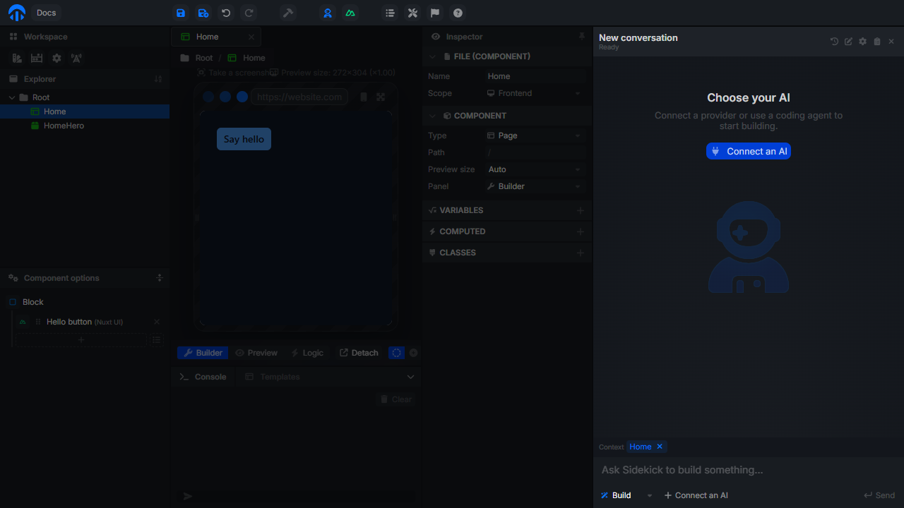 Sidekick workspace with no AI connected, showing the Connect an AI button